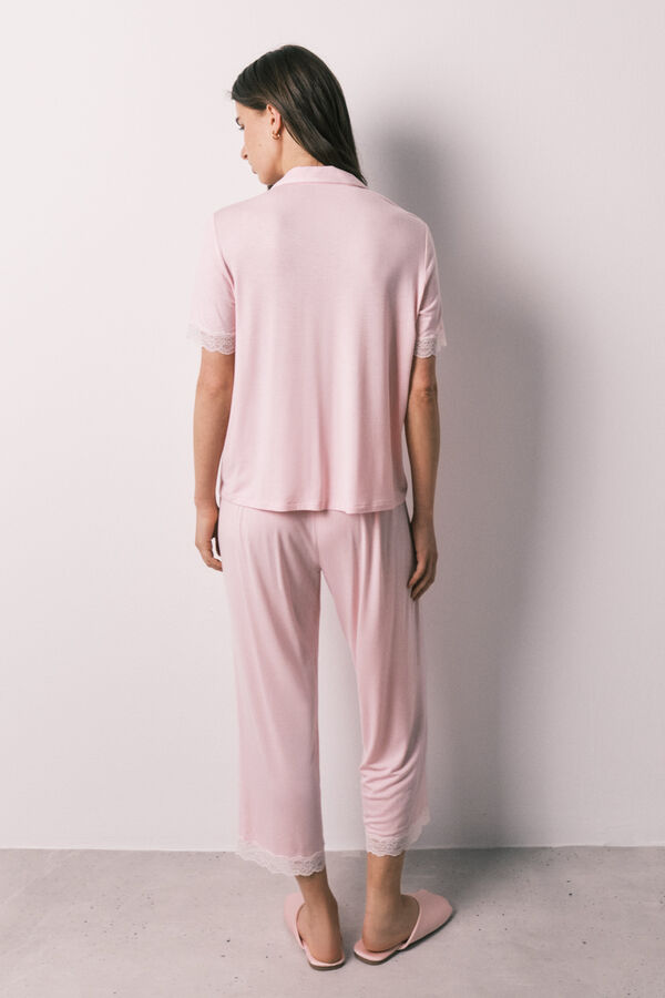 Women'secret Pijama camisero Capri viscosa y encaje rosa rosa