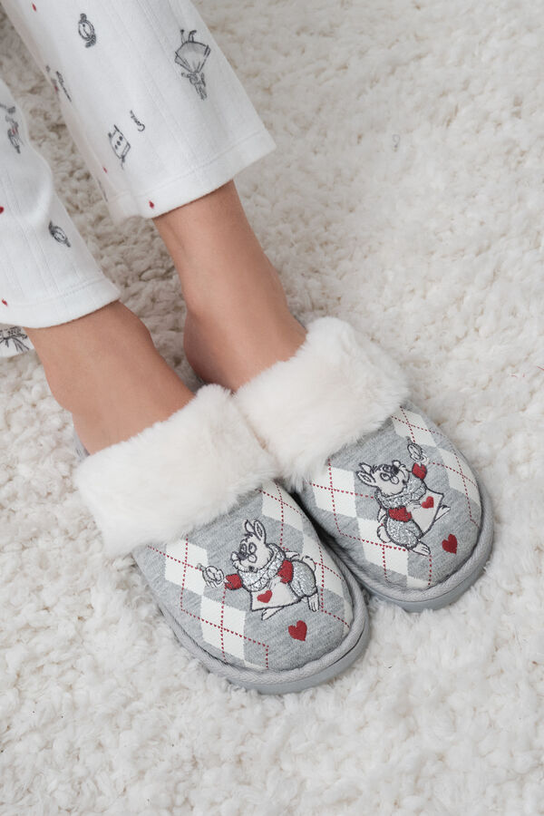 Women'secret Pantoufles en fausse fourrure &agrave; losanges gris