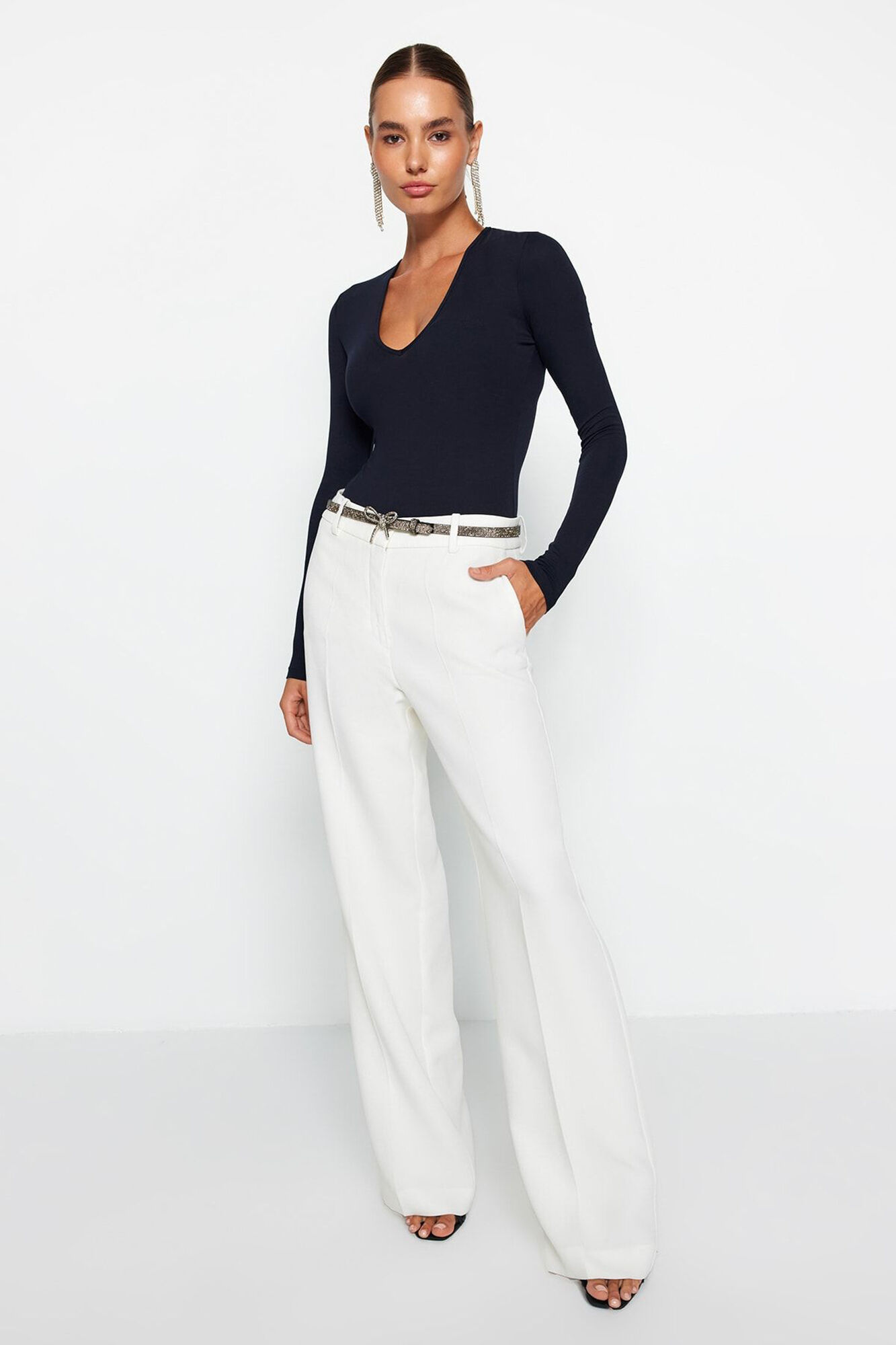 Trendyol Body manga larga azul escote profundo