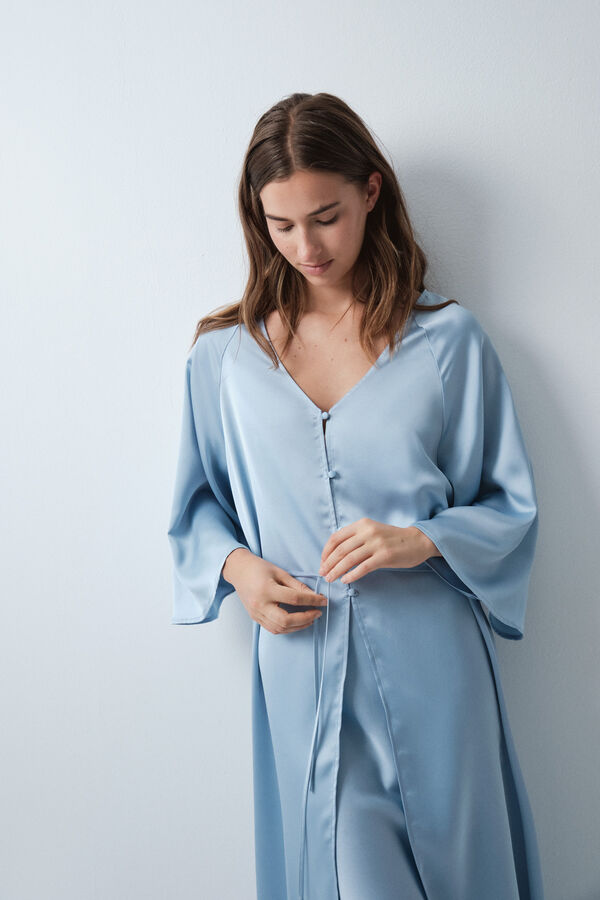 Women'secret Satin-finish puffed sleeve long robe blue