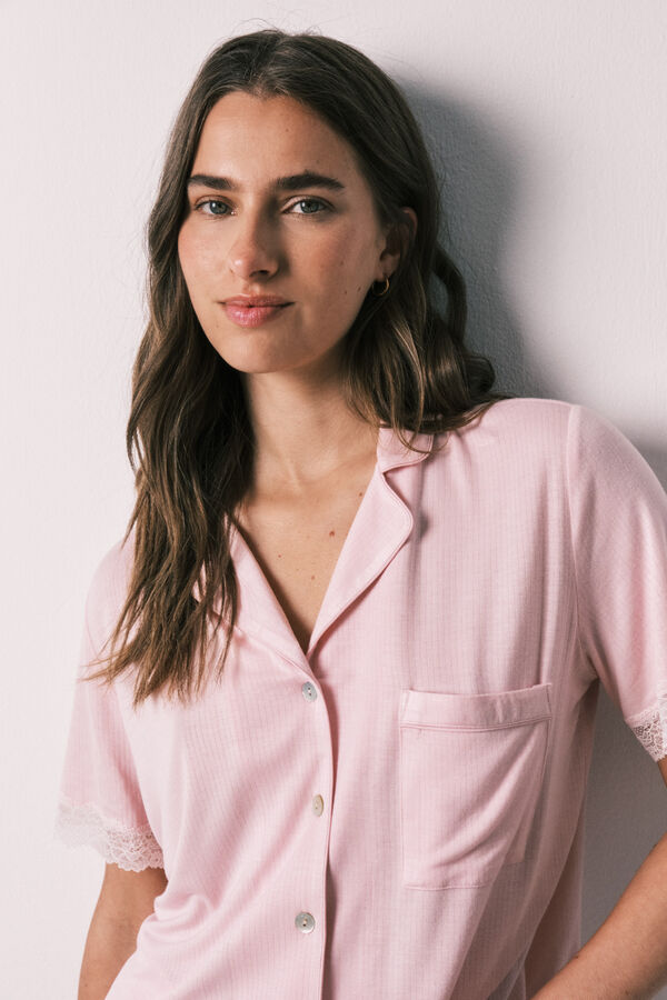 Women'secret Pijama camisero Capri viscosa y encaje rosa rosa