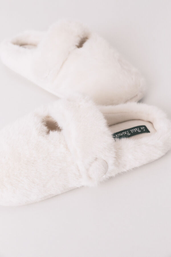 Women'secret White faux fur Mary Jane slippers beige