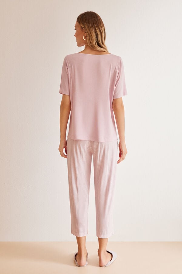 Womensecret Rózsaszín csíkos, kaprinadrágos Ecovero™ pizsama rózsaszín