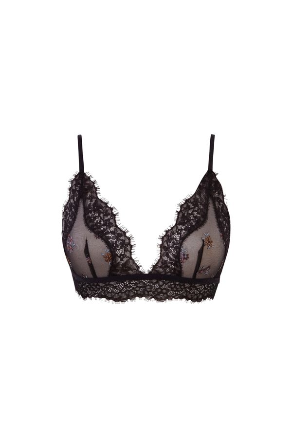 Women'secret Black embroidered floral triangle bra NATURAL black