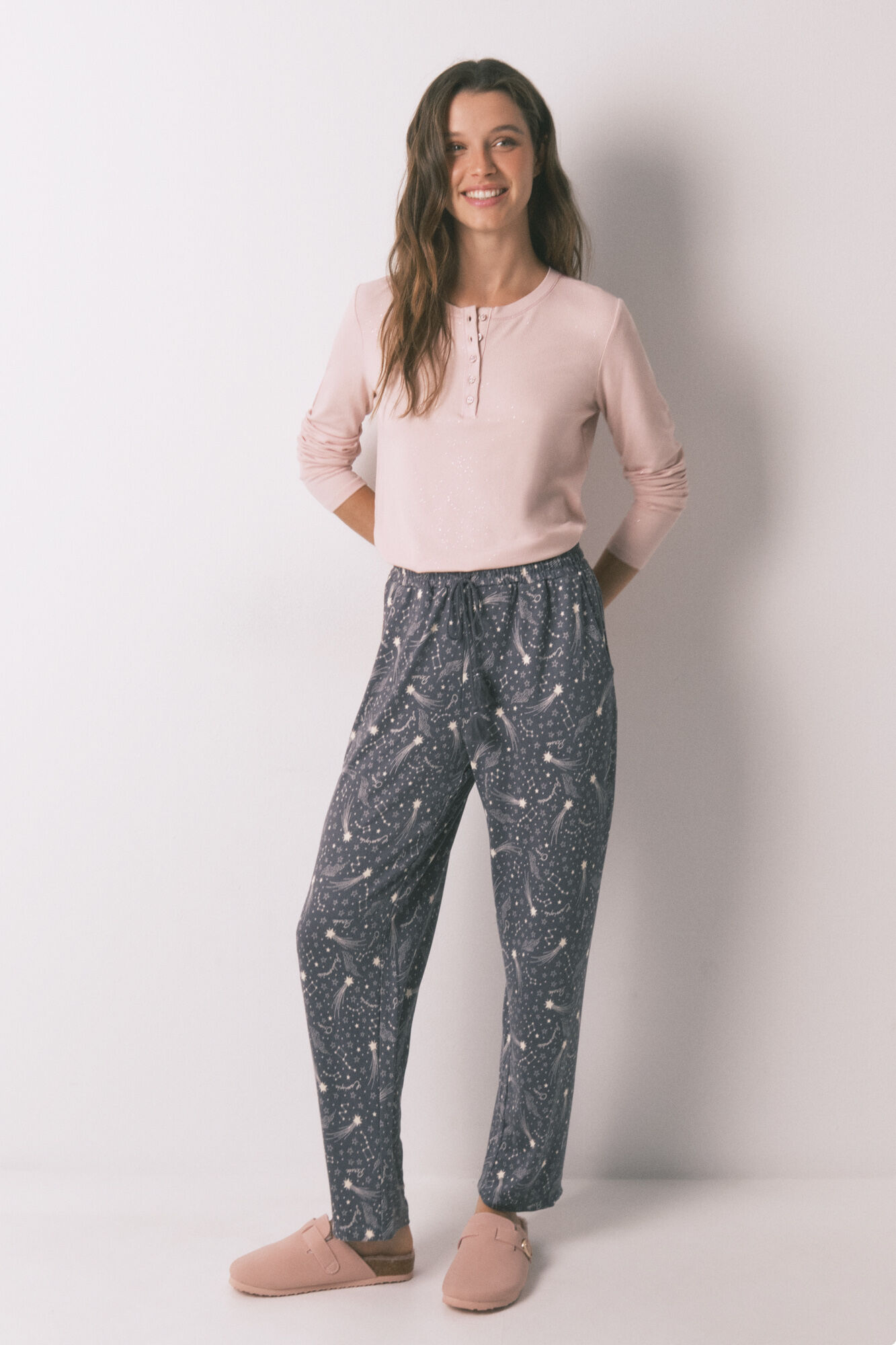 Women'secret Long warm jersey-knit trouser with soft grey stars