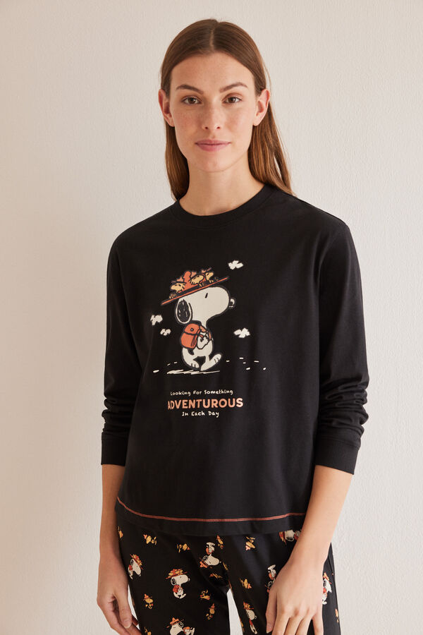 Womensecret Snoopy-mintás fekete pizsama, 100% pamutból. szürke