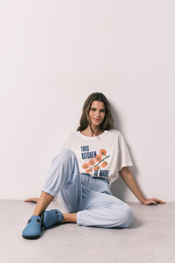 Women'secret Striped 100% cotton carrot trousers blue