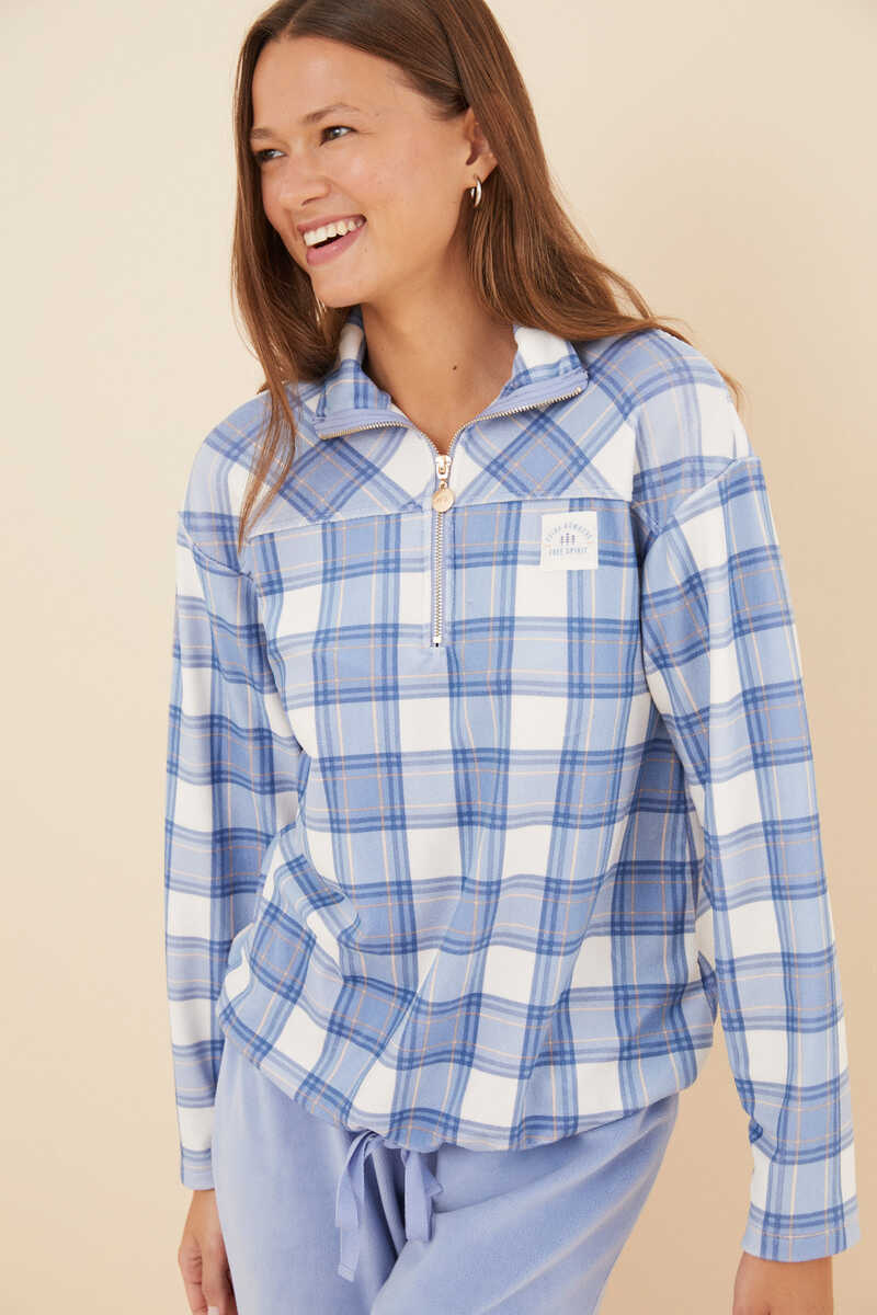 Pyjama long et chaud à carreaux bleu-blanc pour femme pilou100% coton