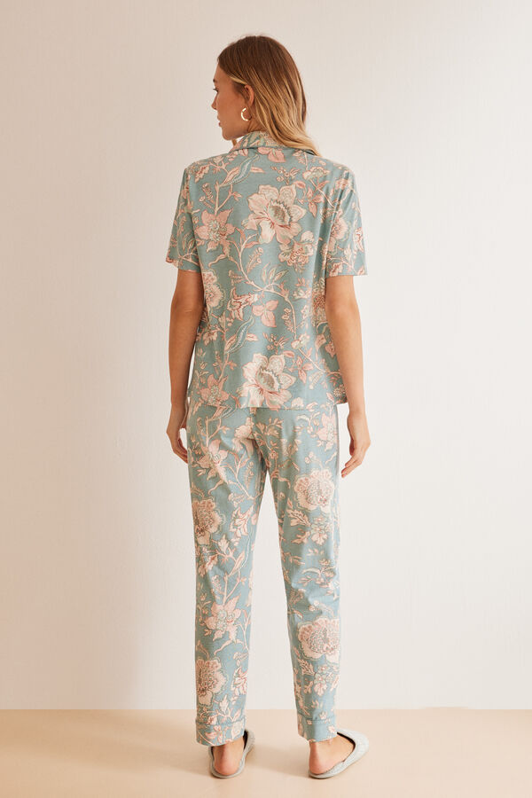 Womensecret Kék virágmintás, inges pizsama, 100% pamutból kék