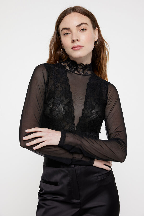 Womensecret High-neck closed lingerie bodysuit with long sleeves. noir