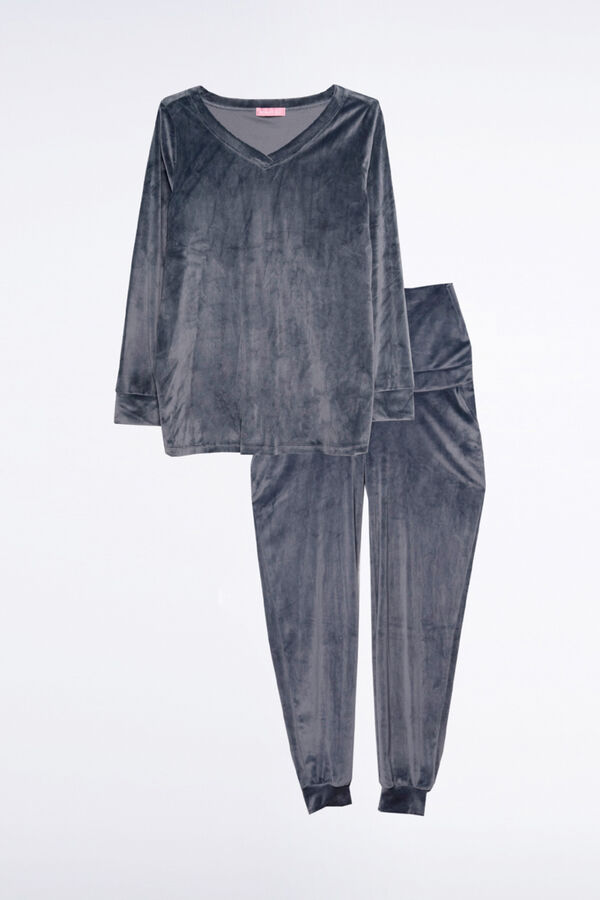 Ohma! Pacote de pijama peludo com decote em V cinzento