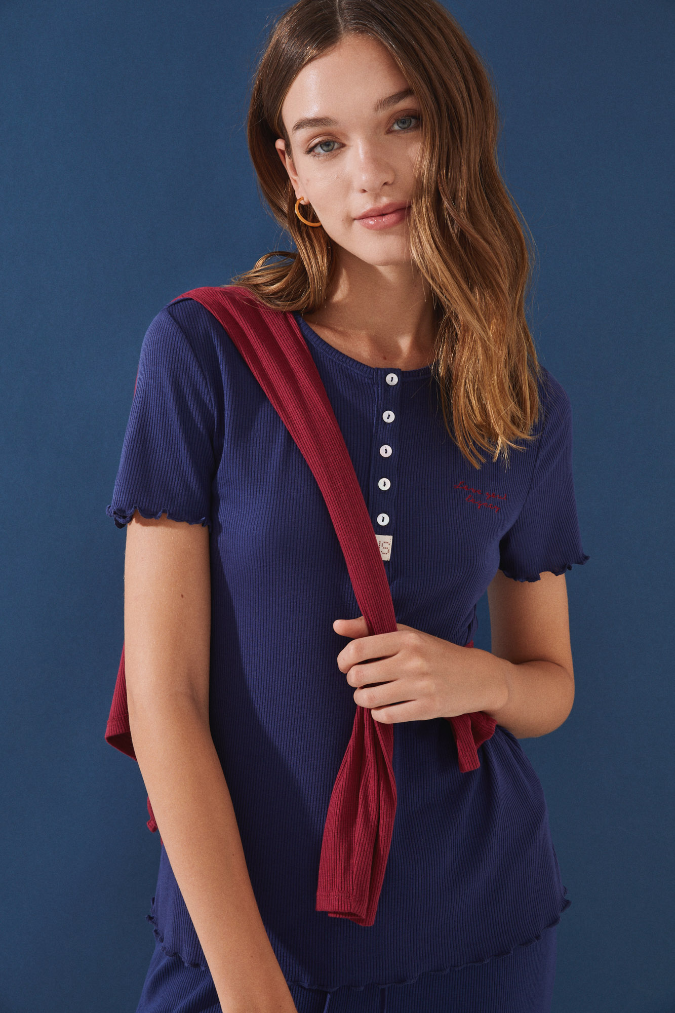 Pijama largo manga corta canalé azul marino | Pijamas y Homewear | WomenSecret