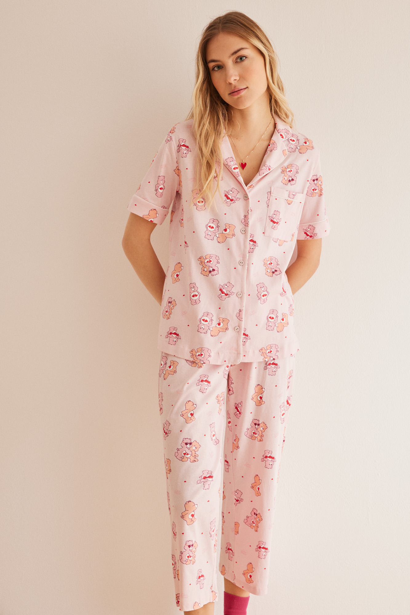 Care Bears Womens Pink Fleece Cuddle Season Pajamas Love A Lot Sleep Set XS  