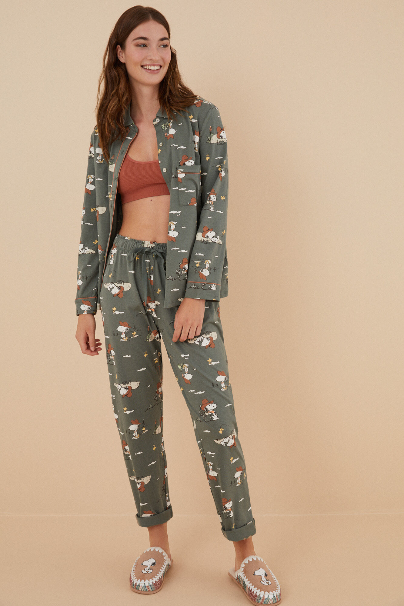 Pijama camisero 100% algodón Snoopy verde | Ropa de dormir de mujer y homewear | WomenSecret
