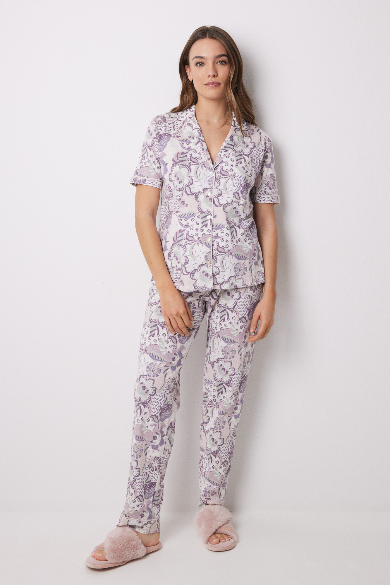 Women'secret Pigiama Camisero Boho: Viscosa Con Stampa Allover, Maniche Corte E Pantaloni Lunghi, Colore Granato