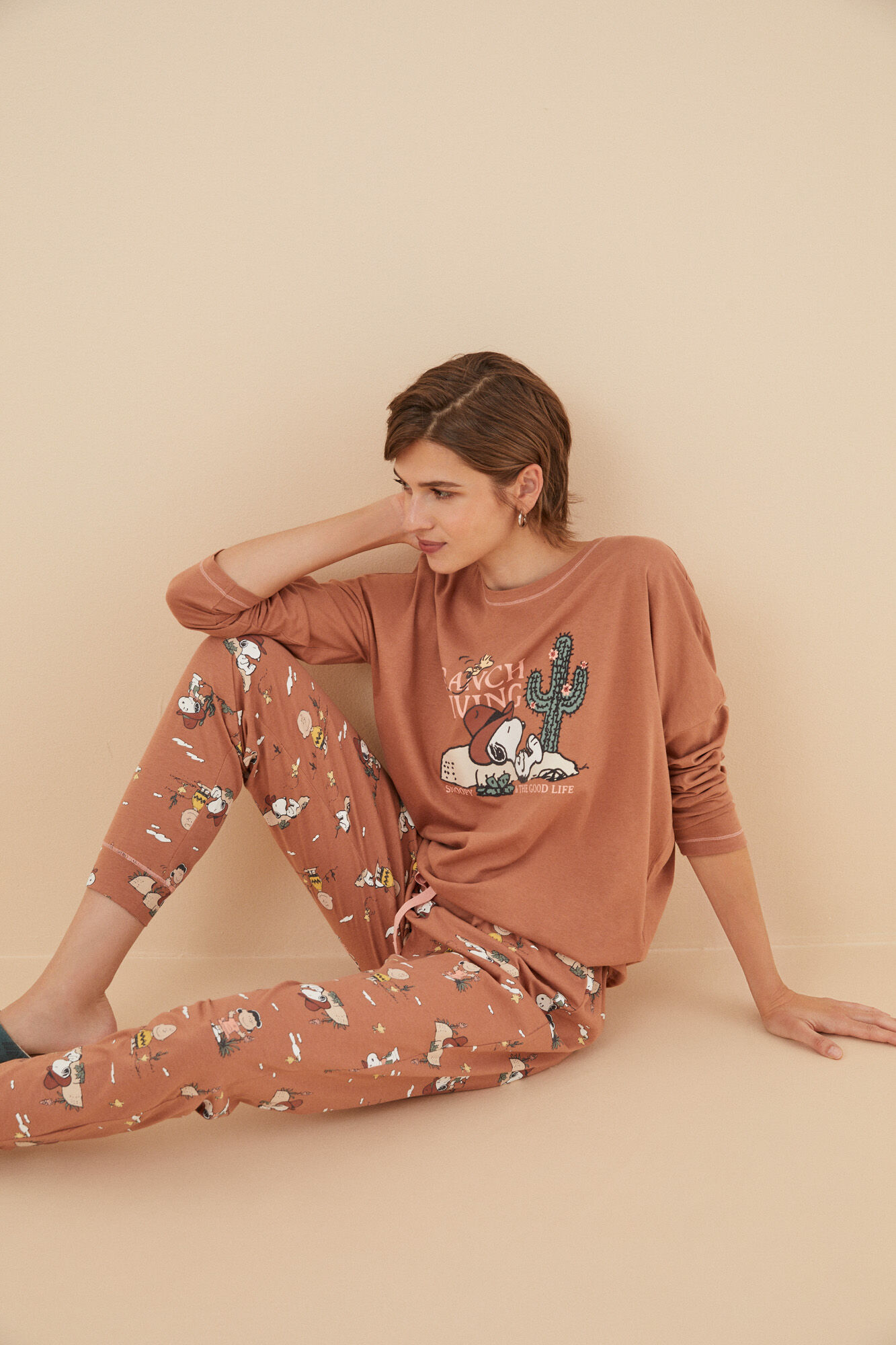 Pijama 100% algodón Snoopy marrón anaranjado | Ropa de dormir de mujer y homewear | WomenSecret